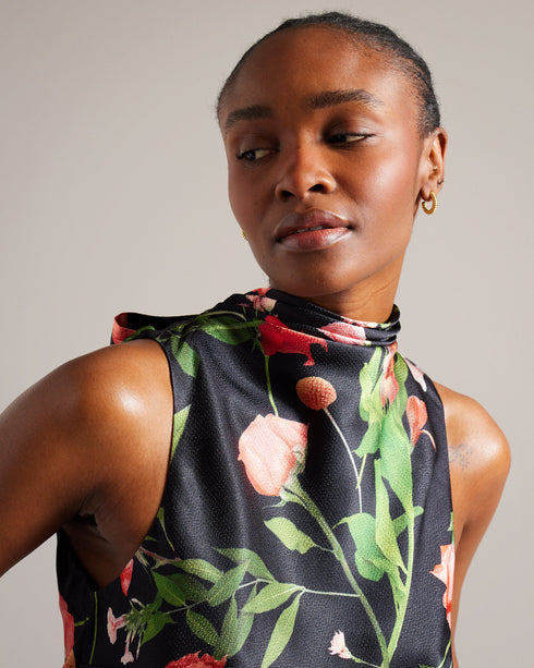 RAEVEN-Tops-This sleeveless number will bring elegance to any season, whether you wear it on its own or layer it under your favorite blazer. RAEVEN brings together a high cowl neck, floral print and back bow fastening to create a top that's a true stand out. Sleeveless top High cowl neck Floral print Self-tie back bow Slim fit Ayo is 5'8" / 1.73m and wears Black in a Ted size 1- Ted Baker Romania